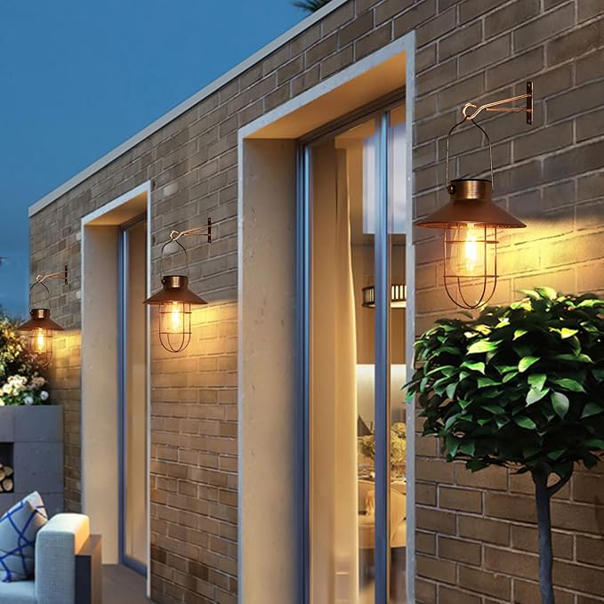 pearlstar Solar Lanterns Outdoor Metal Solar Powered Hanging Lights Waterproof for Barn Wall Yard Garden Patio Garage Balcony Porch Fence Decor, Warm White Edison Bulb (Copper-2pack)-VerdiqueGarden