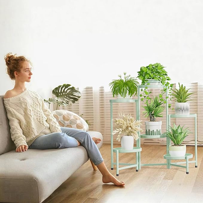 iDavosic.ly 6 Tier Large Plant Stand Indoor, 10 Inch Wide Tall Corner Metal Plant Stands Outdoor for Multiple Plants, Folding Tiered Flower Display Holder Rack Shelf, Light Green-VerdiqueGarden