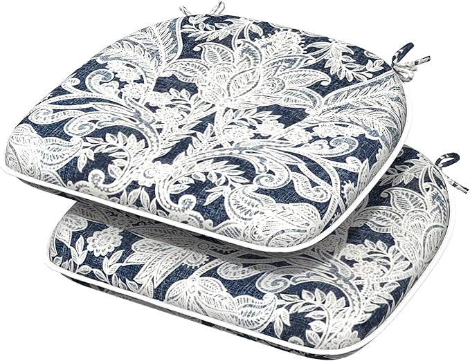 Indoor/Outdoor Chair Cushions 16x17 Inch, Patio Chair Cushions with Ties, All Weather Seat Cushions for Patio Furniture Home Garden Chair Use, Set of 2,Damask Lapis-VerdiqueGarden
