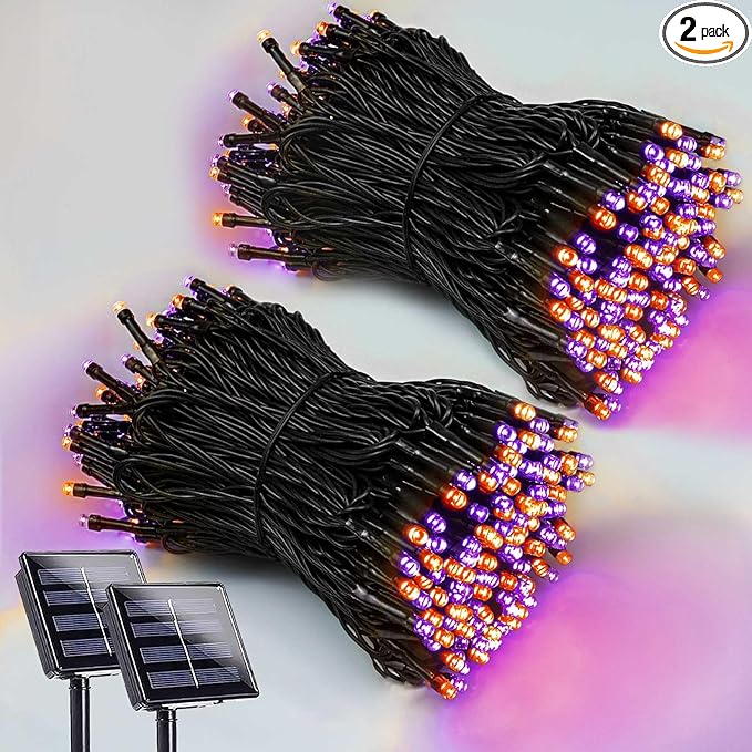 2 Pack 200 LED Solar Halloween Lights Outdoor Waterproof, Solar String Lights for Outside, Solar Tree Light with 8 Lighting Modes for Xmas Party Garden Yard Halloween Decorations (Orange and Purple)-VerdiqueGarden