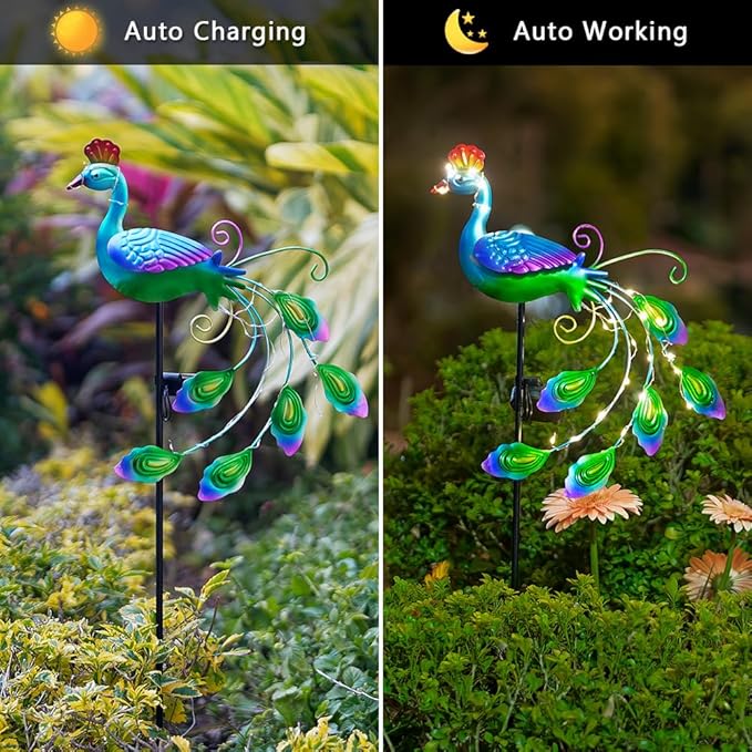 DREAMSOUL 2 Pack Peacock Solar Lights Outdoor Waterproof, Metal Outdoor Solar Lights for Yard Garden Peacock Decor-VerdiqueGarden