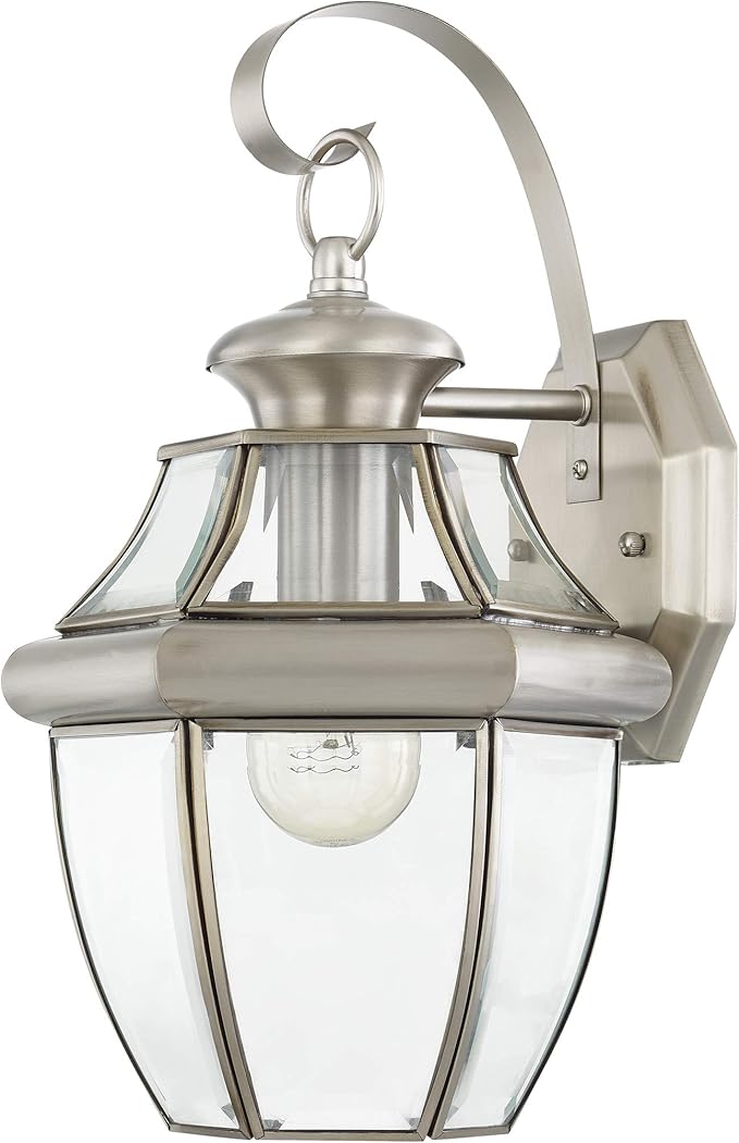 Livex Lighting 2151-91 Monterey 1 Light Outdoor Brushed Nickel Finish Solid Brass Wall Lantern with Clear Beveled Glass 13" x 8.5" x 8.25"-VerdiqueGarden