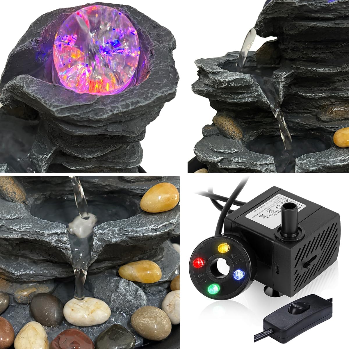 Indoor Tabletop Water Fountain Rotating Ball Rock Waterfall Fountain with Colorful Lights and Natural River Rocks, Zen Meditation for Home Office Decor-VerdiqueGarden