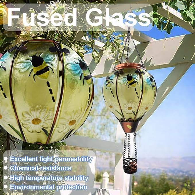 Hot Air Balloon Solar Lantern with Flickering Flame, Glass Hanging Garden Lights Outdoor Waterproof for Tree Yard Patio Mother's Day Gift, 18" H Bee-VerdiqueGarden