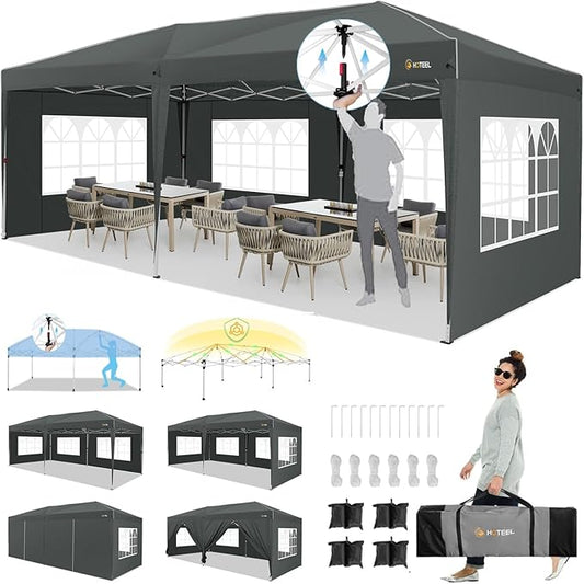 HOTEEL 10x20 Pop up Canopy with 6 Sidewalls, One Push Instant Setup Outdoor Canopy Tent with Reinforce Rod, Weight Bag, for Parties, Events, Gray-VerdiqueGarden