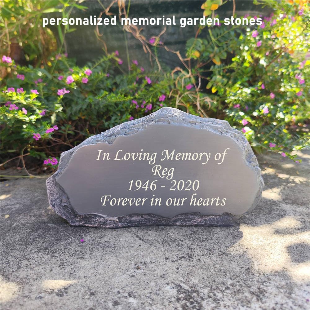 Personalized Garden Memorial Stones Engraved Rocks with Any Message, Decorative Grave Memorial Plaques Rocks for Loved Ones Outside Cemetery Decoration, Resin, 8" x 4.5" x 2.5"-VerdiqueGarden