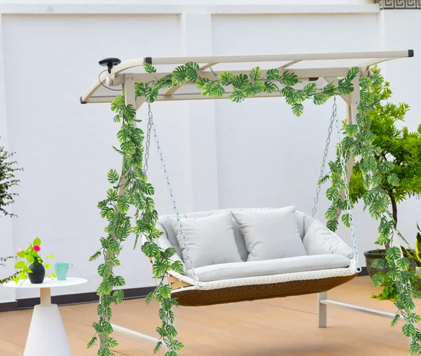 RECUTMS 4Pcs Artificial Monstera Leaves Vines, 5.9FT Fake Hanging Plant Ivy Faux Tropical Palm Leaf Greenery Garland for Garden Porch Patio Jungle Luau Beach Birthday Party Indoor Outdoor Spring Décor-VerdiqueGarden