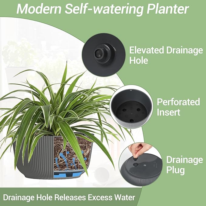 T4U 8 Inch Hanging Planters for Indoor Outdoor Plants, Self Watering Hanging Pot Pack of 2, Hanging Pots with Drainage Hole & Plug & Chain with 3 Hooks for Garden Home Decor, Grey-VerdiqueGarden