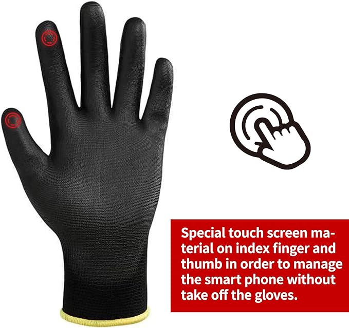 DULFINE Safety Work Gloves PU Coated for Men and Women-12 Pairs,Black Seamless Knit Glove with Two Fingers Touchscreen,Ideal for General Duty Work (Medium)-VerdiqueGarden