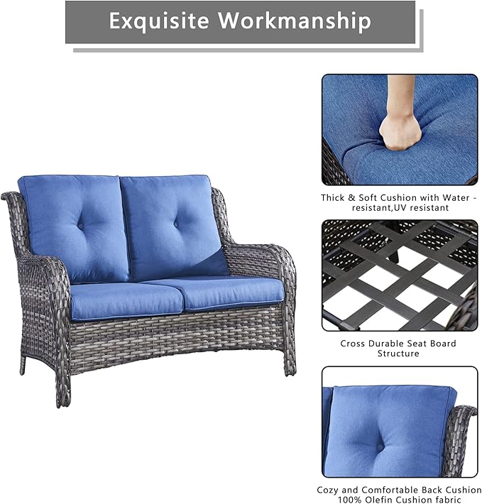 Outdoor Wicker Patio Furniture Set - 5 Piece Rattan Patio Conversation Set with 2 Rocking Swivel Chairs,2 Ottomans and 1 Loveseat for Porch Deck Backyard Garden(Mixed Grey/Blue)-VerdiqueGarden