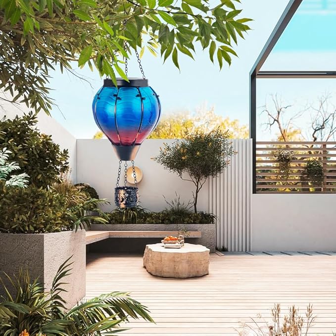 Starsoul 2 PC Blue Hot Air Balloon Solar Lantern Glass Solar Hot Air Balloon Flickering Flame Hanging Garden Light Waterproof Garden Yard Farmhouse Decor-VerdiqueGarden