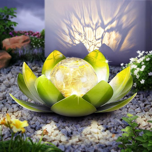 Huaxu Solar Lights Outdoor Garden Decoration Crackle Globe Glass Waterproof LED Metal Green Lotus Flowers Gift for Mom,Women,Patio,Lawn,Walkway,Tabletop,Ground-VerdiqueGarden