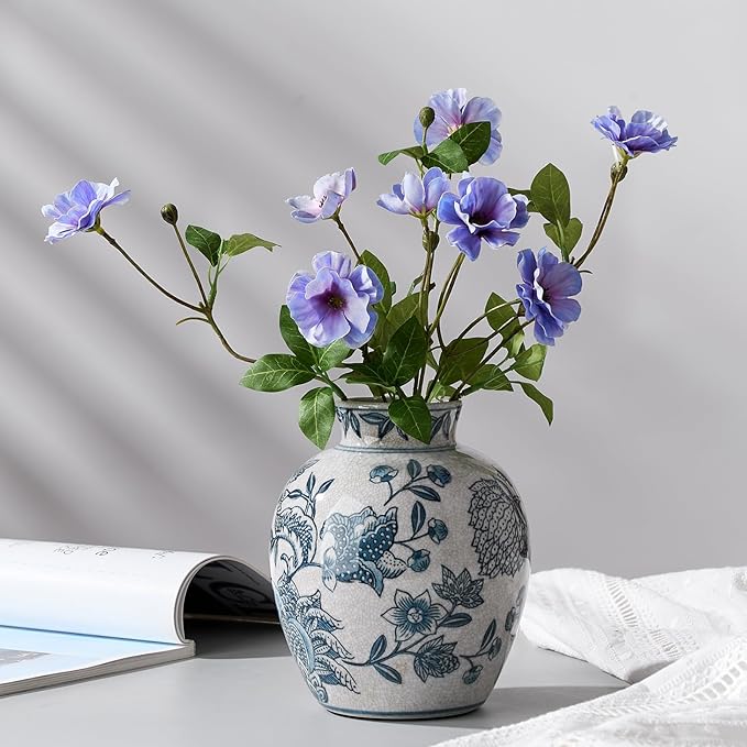 SIDUCAL Ceramic Chinoiserie Floral Vase | 6.3 Inch Blue and White Vintage | Retro Ice Cracked Blue and White Porcelain Vase for Table, Living Room, Bathroom Decoration, Shelf Decor, Mantel-VerdiqueGarden