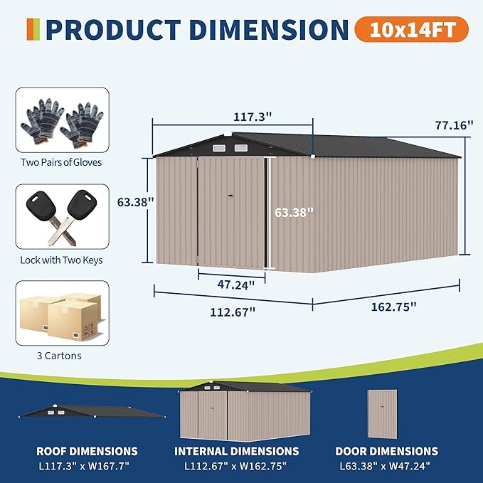 10x14 FT Metal Storage Sheds Outdoor, Metal Yard Sheds Garden Shed Kit, Metals Tool Shed with Lockable Door, Metals UtilityShed Buildings with Air Vent for Backyard Garden Patio Lawn-VerdiqueGarden