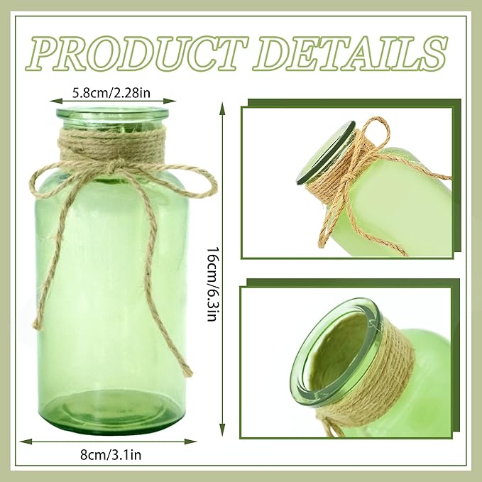 Vintage Glass Flower Vase，12 Pack Green Farmhouse Glass Centerpiece Vases Mason Jars for Weddings, Parties & Home Decor Bulk (12, Green)-VerdiqueGarden
