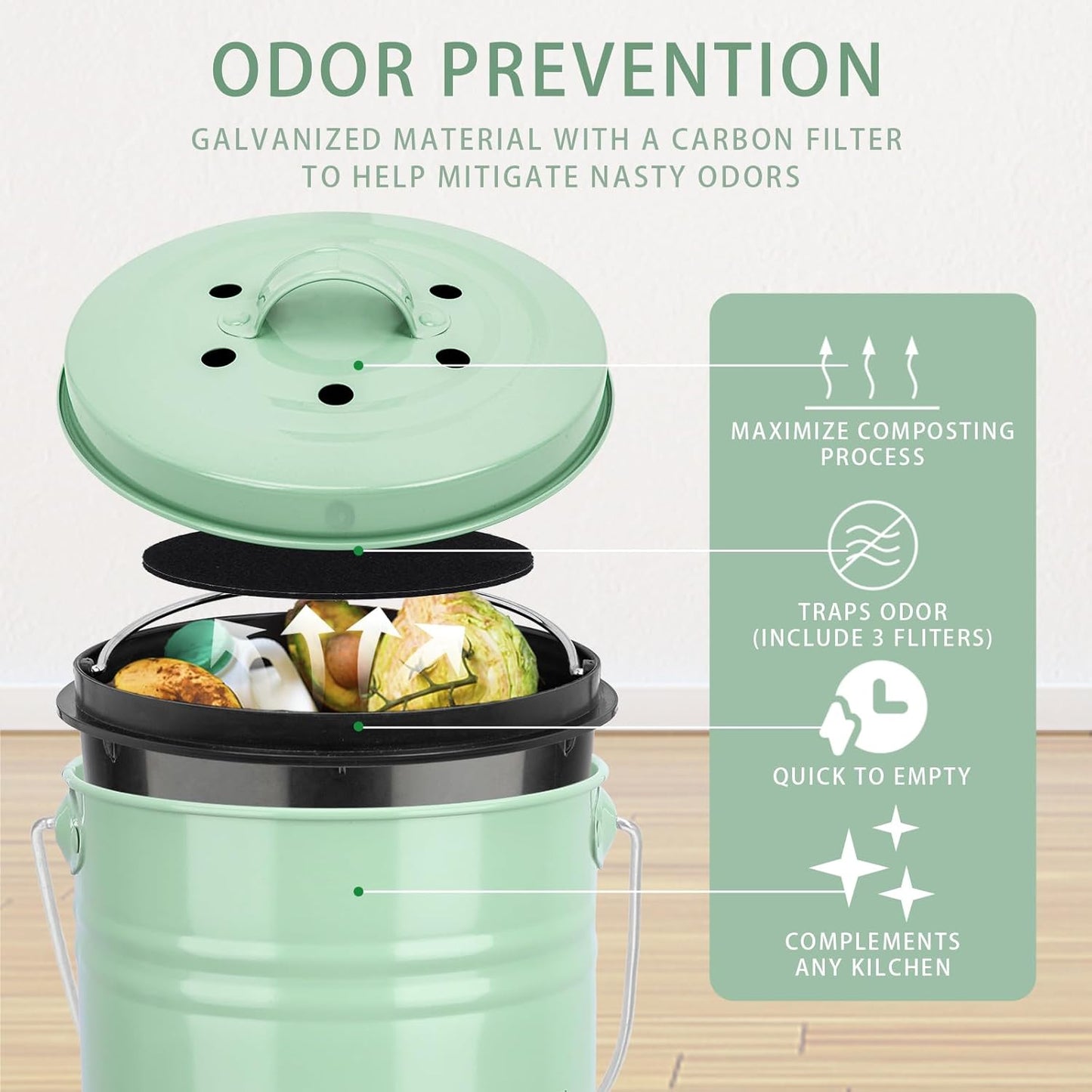 Vipush Kitchen Countertop Compost Bin with lid – Small, Includes Inner Compost Bucket Liner & Charcoal Filter, Green-VerdiqueGarden