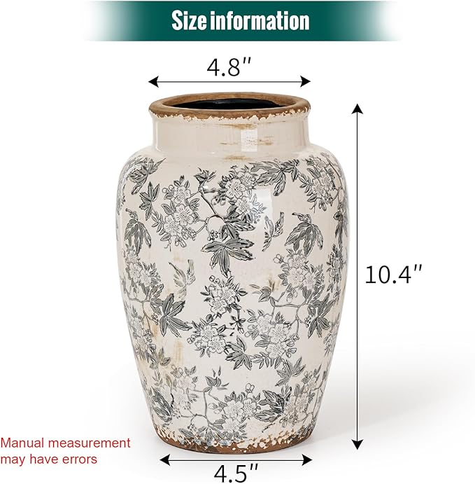 Sungmor Ceramic Flower Vase, Vintage Ice Cracked Glaze Porcelain Vase, Pretty Home Decor Vase for Flower Arrangement, Fresh Flowers, 10.2 Inch Tall Chinoiserie Pottery Vase, Gray Floral Pattern-VerdiqueGarden
