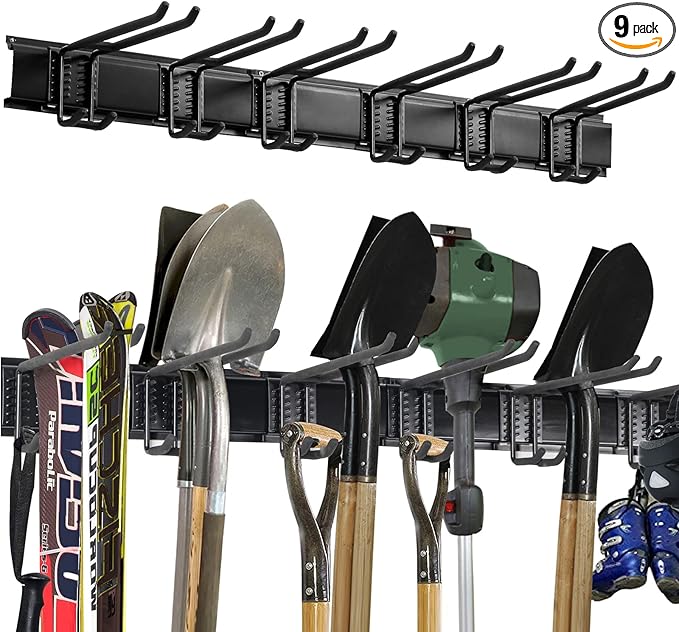 Wall Mount Tool Storage Rack, Heavy Duty Garage Storage Tool Organizer, Garden Tool Wall Hooks and Hangers, Hold Up to 350lbs Black-VerdiqueGarden