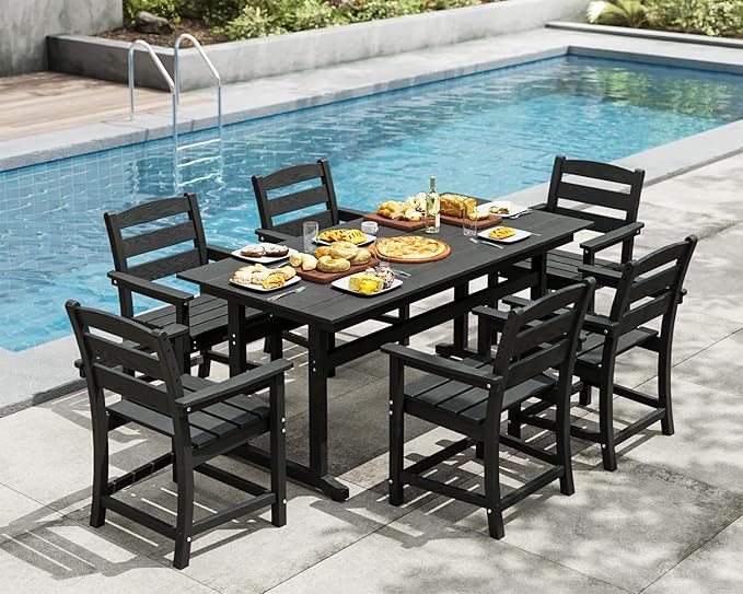 7pcs Outdoor Dining Set, HDPE Patio Dining Set for 6, All-Weather Outdoor Table and Chairs with Umbrella Hole & Adjustable Pads, Modern Patio Furniture Set for Backyard, Poolside &Lawn (Black)-VerdiqueGarden