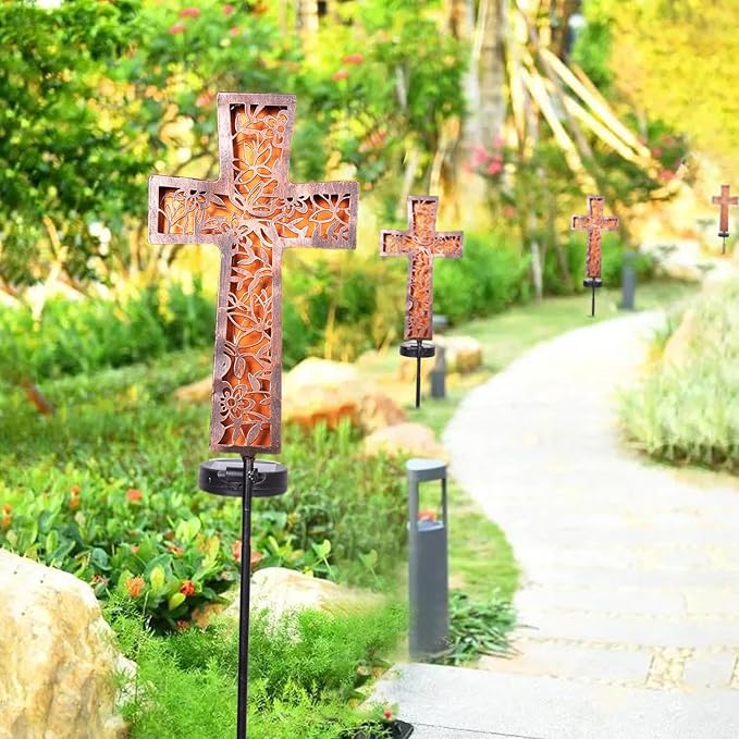 HUYIENO Solar Cross Garden Stake Lights 38inch Metal Outdoor Waterproof Memorial Garden Decor 2 Lighting Modes Cemetery Decorations for Grave for Remembrance Gifts & Sympathy Gifts-VerdiqueGarden