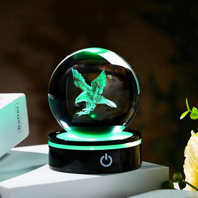YWHL 3D Eagle Figurine Crystal Ball with Colorful Light Base, Eagle Gifts for Women Men Eagle Lovers on Christmas Birthday, 3D Laser Engraved Eagle Sphere Glass Ball for Home Office Decoration (80mm)-VerdiqueGarden