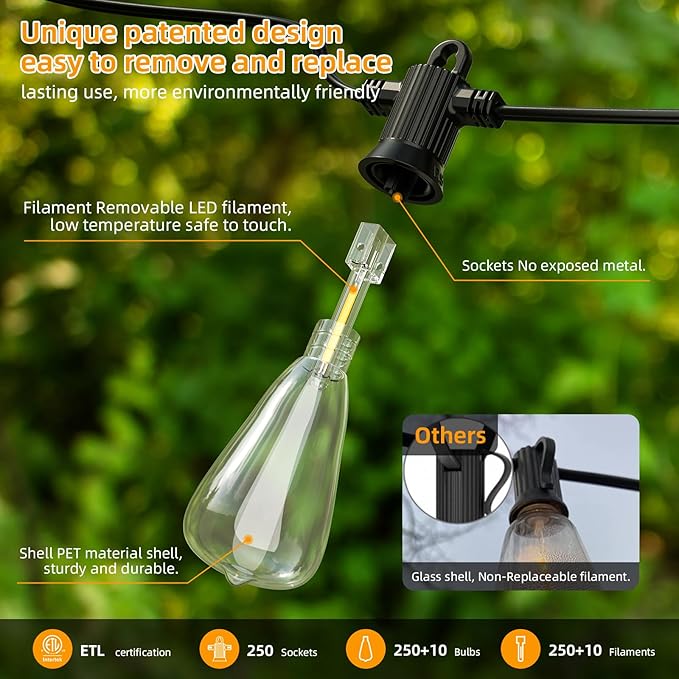 FOOMAN LED Outdoor String Lights, 500FT Outside Waterproof Hanging Patio Lights with 250+10 Shatterproof ST38 Edison Bulbs, 2700K Warm White, Dimmable Light for Back Yard Porch Party Gazebo Bistro-VerdiqueGarden