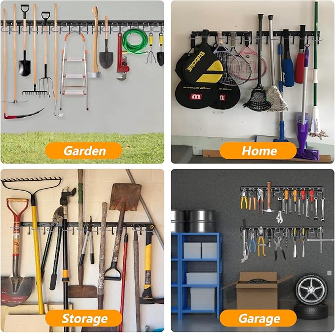 WellMade 64'' Adjustable Garden Tool Organizer, Garage Storage System with Hooks, Wall Mount Tool Organization Rack, Black-VerdiqueGarden