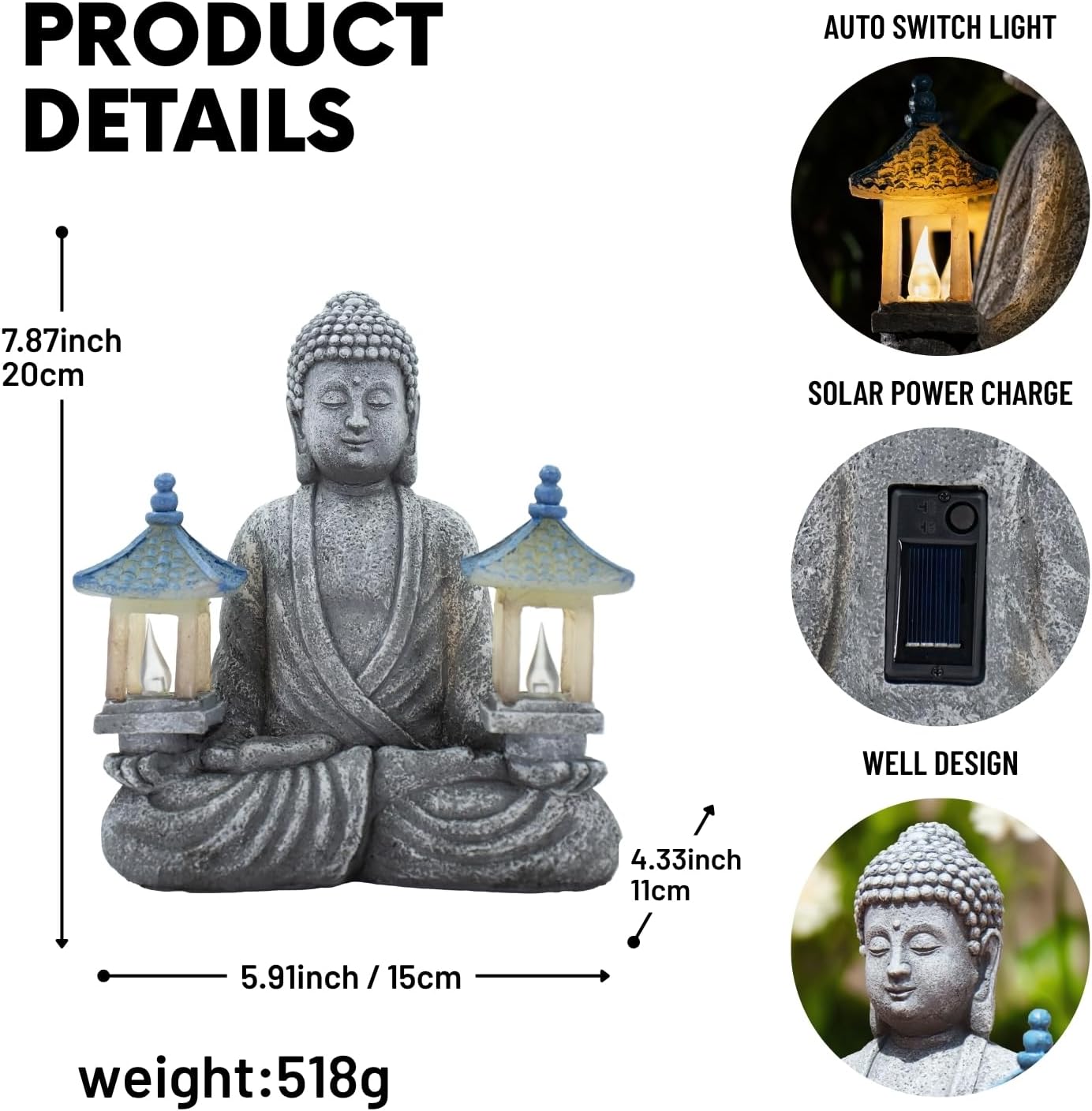 Meditating Buddha Statue with Solar Lights, Zen Garden Decor for Home, Patio, Yard, Outdoor – Unique Gift for Women and Friends(Two Pavilions)-VerdiqueGarden