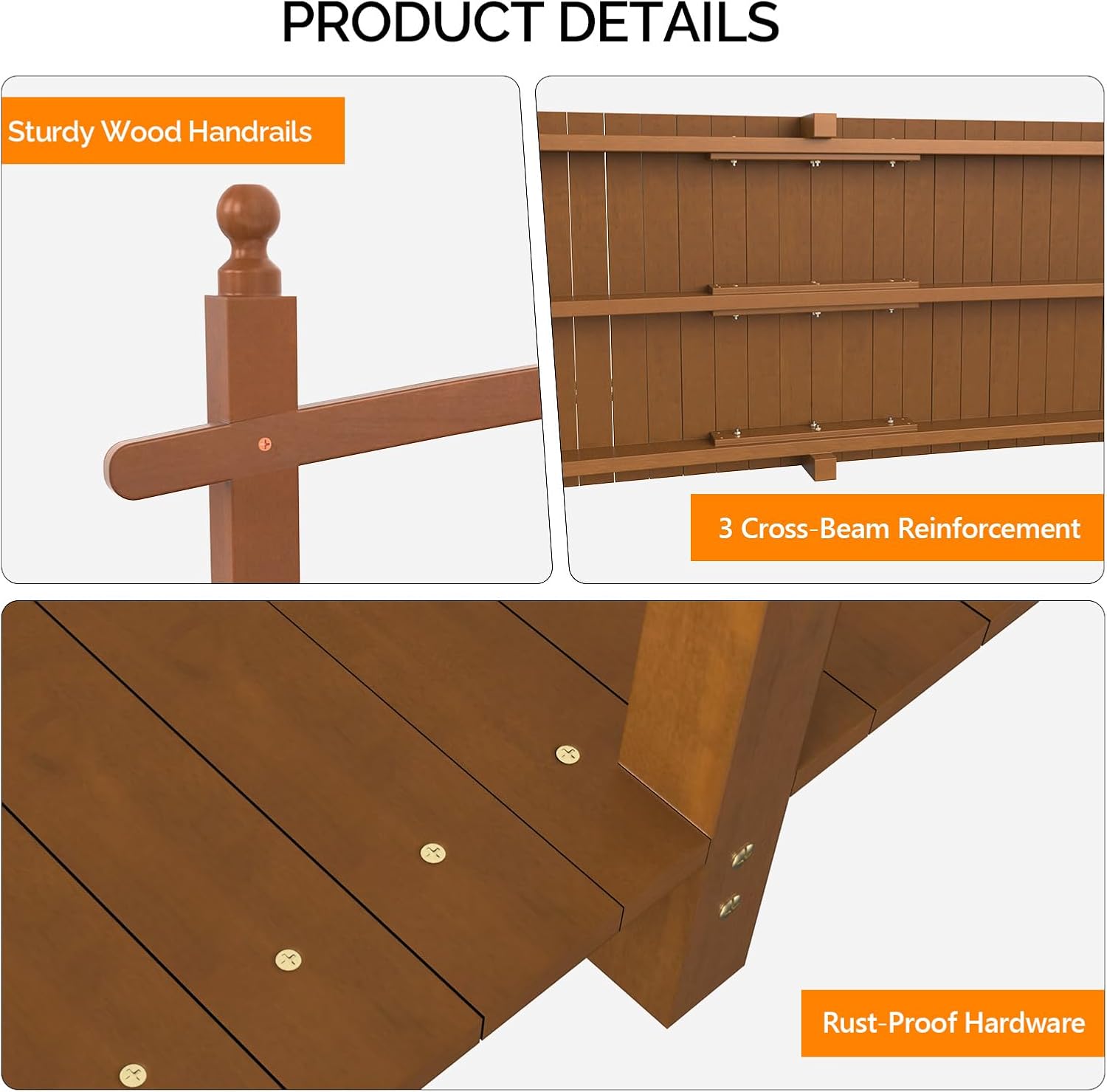 VINGLI Garden Bridge, Classic Wooden Arch with Safety Rails Footbridge (Brown, 7.5 ft)-VerdiqueGarden