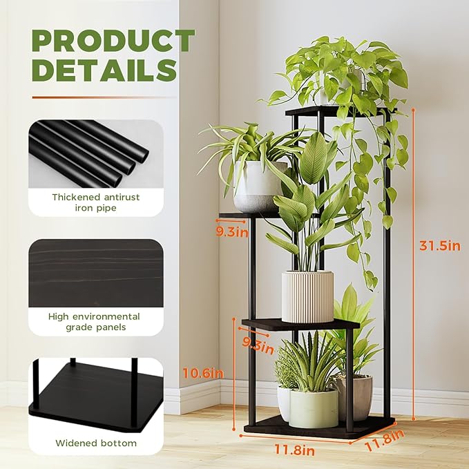 Bamworld 4 Tier Plant Stand Indoor, Small Metal Plant Shelf for Multiple Plants, Corner Flower Stand for Patio Garden Balcony Living Room Bedroom(Black)-VerdiqueGarden
