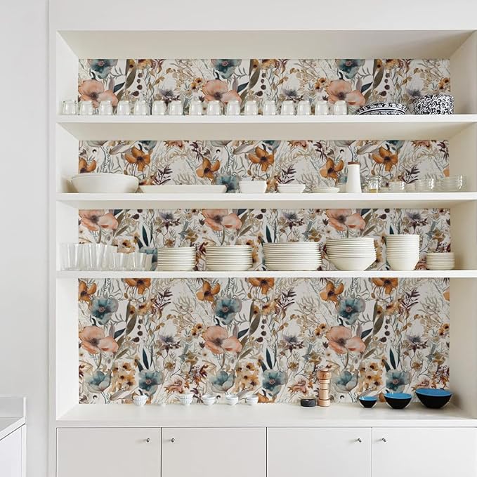 Boho Light Brown Flowers Teal Blue Floral Leaf Plants Vintage Watercolor Peel and Stick Wallpaper Self Adhesive Removable Easy Peel Off Stick on Wall Paper for Bedroom Cabinet Renter-VerdiqueGarden