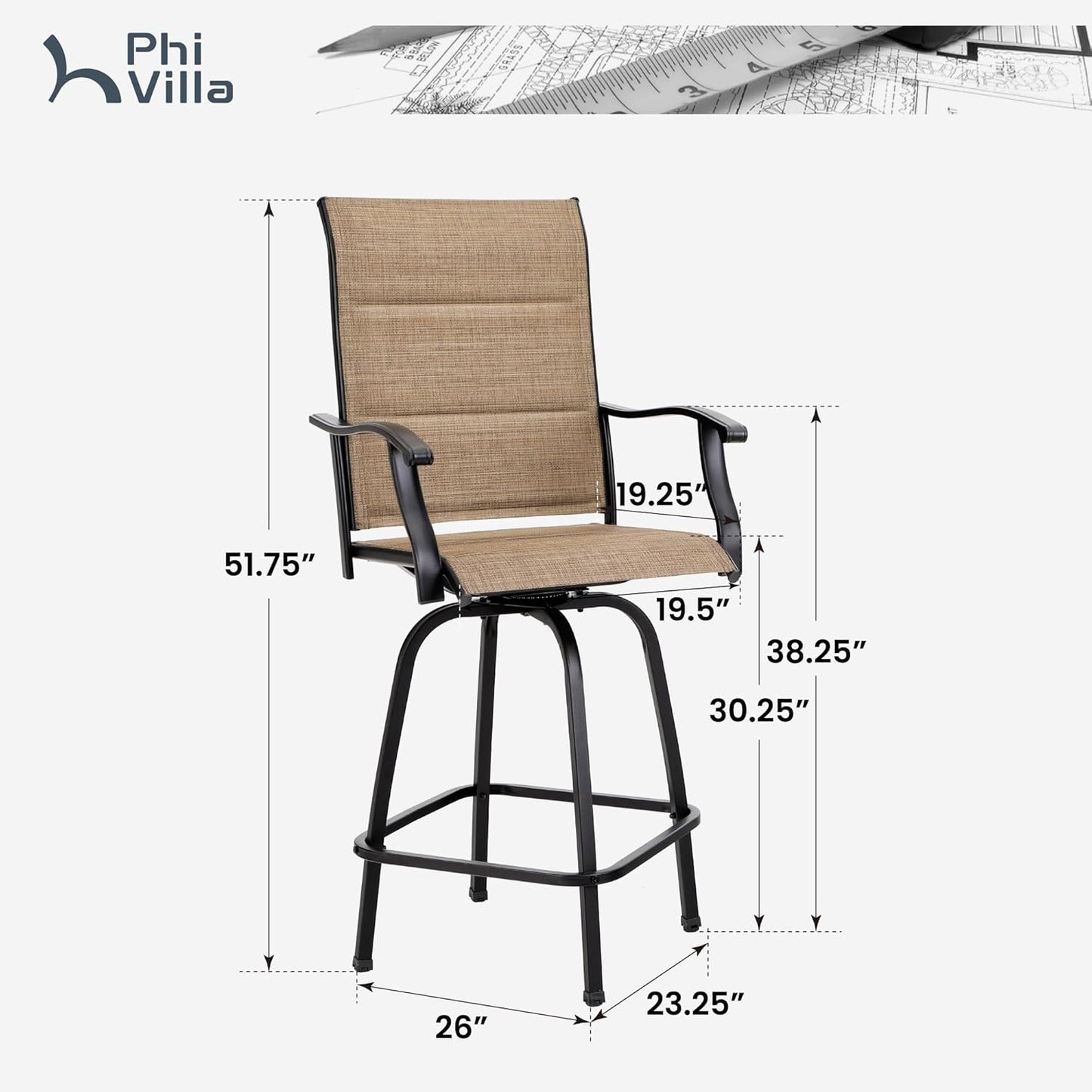 PHI VILLA Outdoor Swivel Bar Stools Set of 2, High Top Patio Chairs with Padded Textilene Seating, All-Weather Bar Height Furniture for Kitchen or Outside, Padded Brown Textilene-VerdiqueGarden