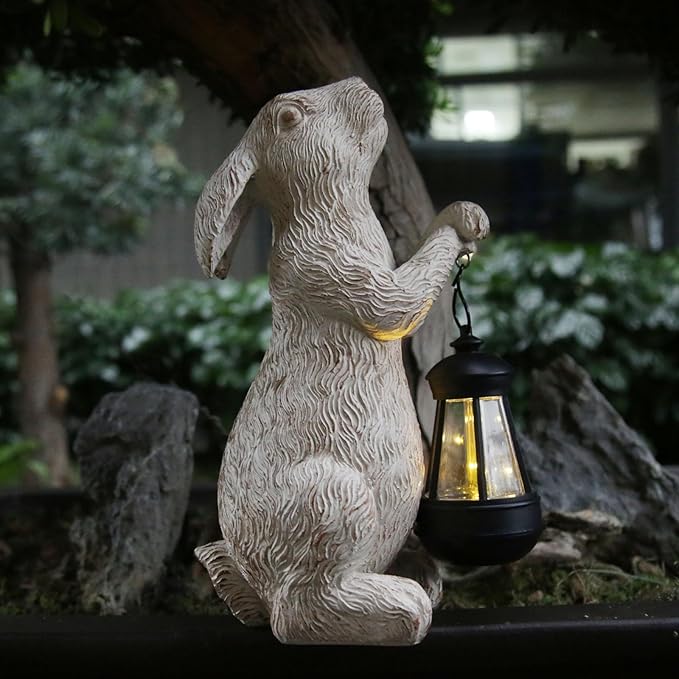 Garden Statues Rabbit with Solar Lights-Bunny Figurine Outdoor Easter Decorations Rabbit Decor for Lawn,Balcony-Yard Art Garden&Patio Decor,Unique Housewarming&Birthday Gifts for Women-VerdiqueGarden