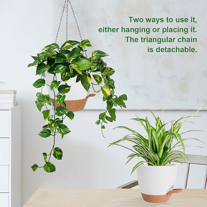 10/9/8 Inch Hanging Planter for Indoor Outdoor Plants, 3 Pack Self-Watering Hanging Pot with Drainage Holes Hanging Planter Baskets Plant Pots with Removable Tray (White+Brown)-VerdiqueGarden