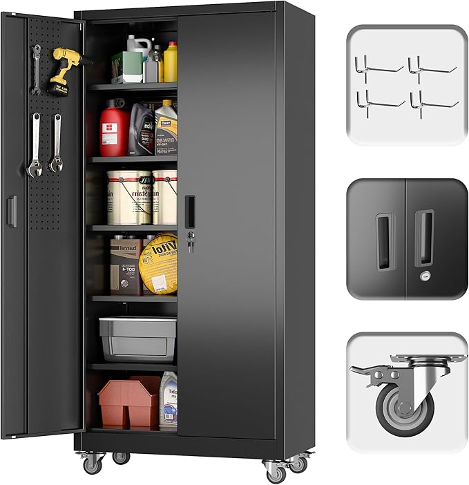 71" H×32" W×16" D Garage Storage Cabinet with Wheels, Locking Metal Storage Cabinet with 5 Adjustable Shelves, 4 Hooks and Pegboard for Garage, Home Office, Kitchen, Black, Assembly Required-VerdiqueGarden