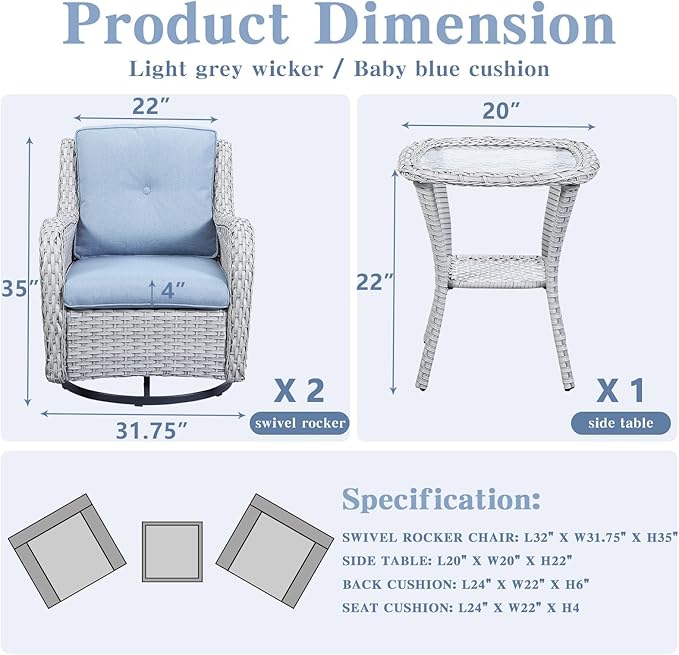 Outdoor Swivel Rocker Patio Chairs Set of 3, High Back Swivel Patio Chairs Wicker Furniture Set, 2 PCS Rattan Swivel Rocking Chair with Side Table, Light Grey Wicker-VerdiqueGarden