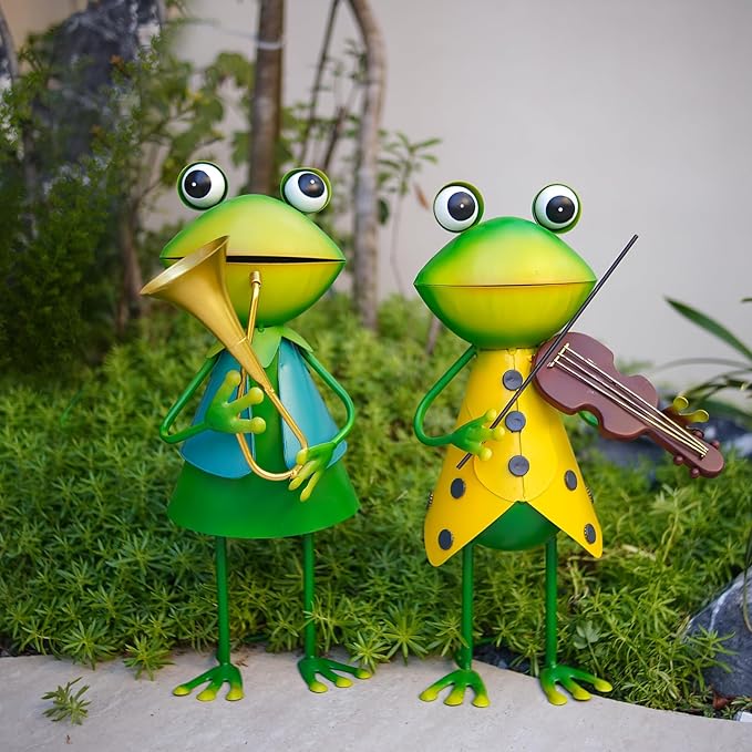 HONGLAND Frog Metal Yard Art - Metal Frog Outdoor Statue - Frog Garden Decorations - 3D Frog Figurine - Christmas Holiday Lawn Patio Yard Garden Decor Gardening Gifts for Women (Violin)-VerdiqueGarden