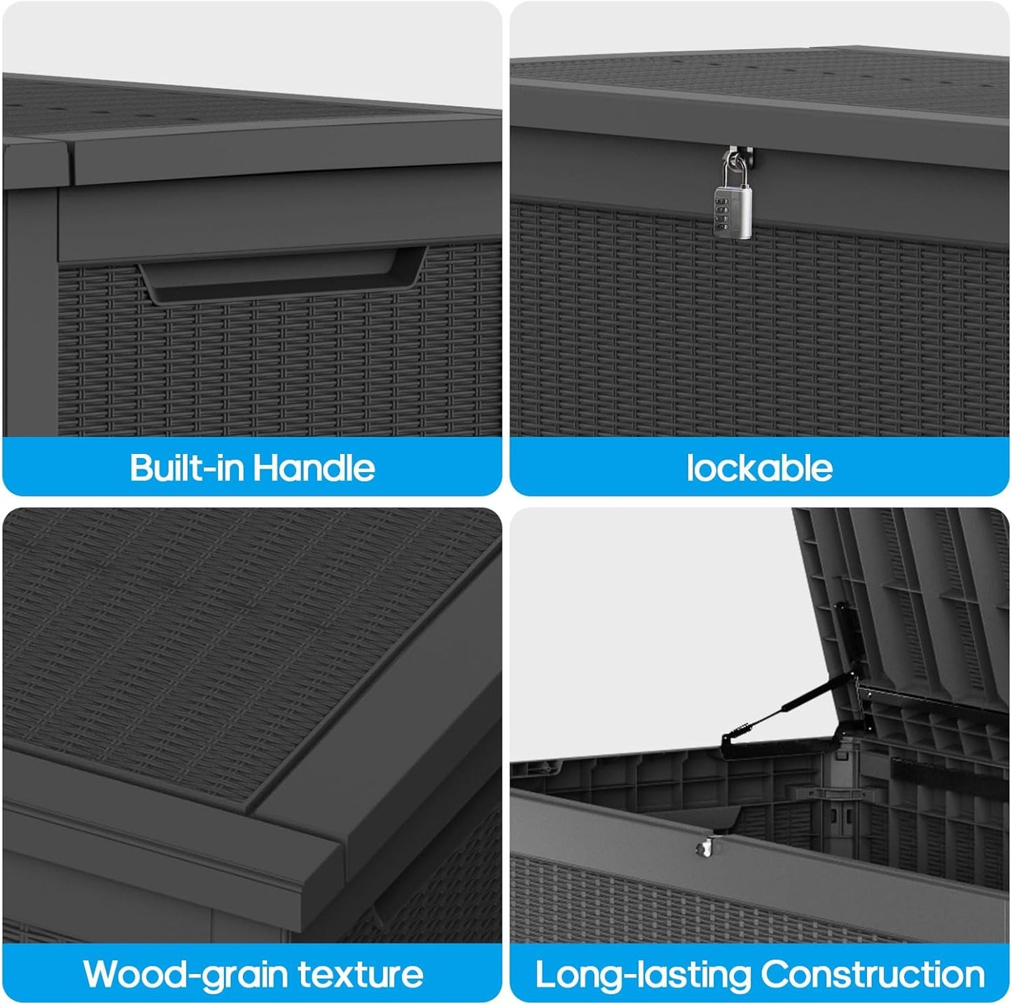 320 Gallon Waterproof Black Deck Box, Lockable Resin Storage Box for Patio Furniture Cushions Garden Tools and Outdoor Delivery Storage-VerdiqueGarden