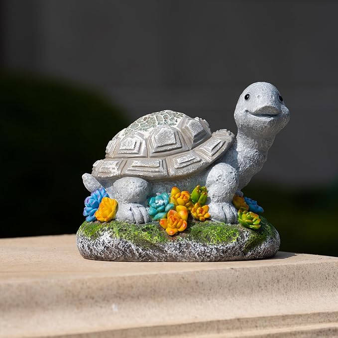 Garden Statue Turtle,Solar Turtles Decor for Outdoor,Resin Tortoise Figurine with Solar Light for Patio,Balcony,Yard,Lawn Ornament,Perfect Garden Gift-VerdiqueGarden