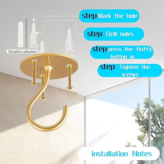 Ceiling Hooks for Hanging Plants-Metal Heavy Duty Wall Mounted Hangers for Hanging Bird Feeders, Planters, Wind Chimes, Include Professional Drywall Anchors (3-Pack) (Gold)-VerdiqueGarden