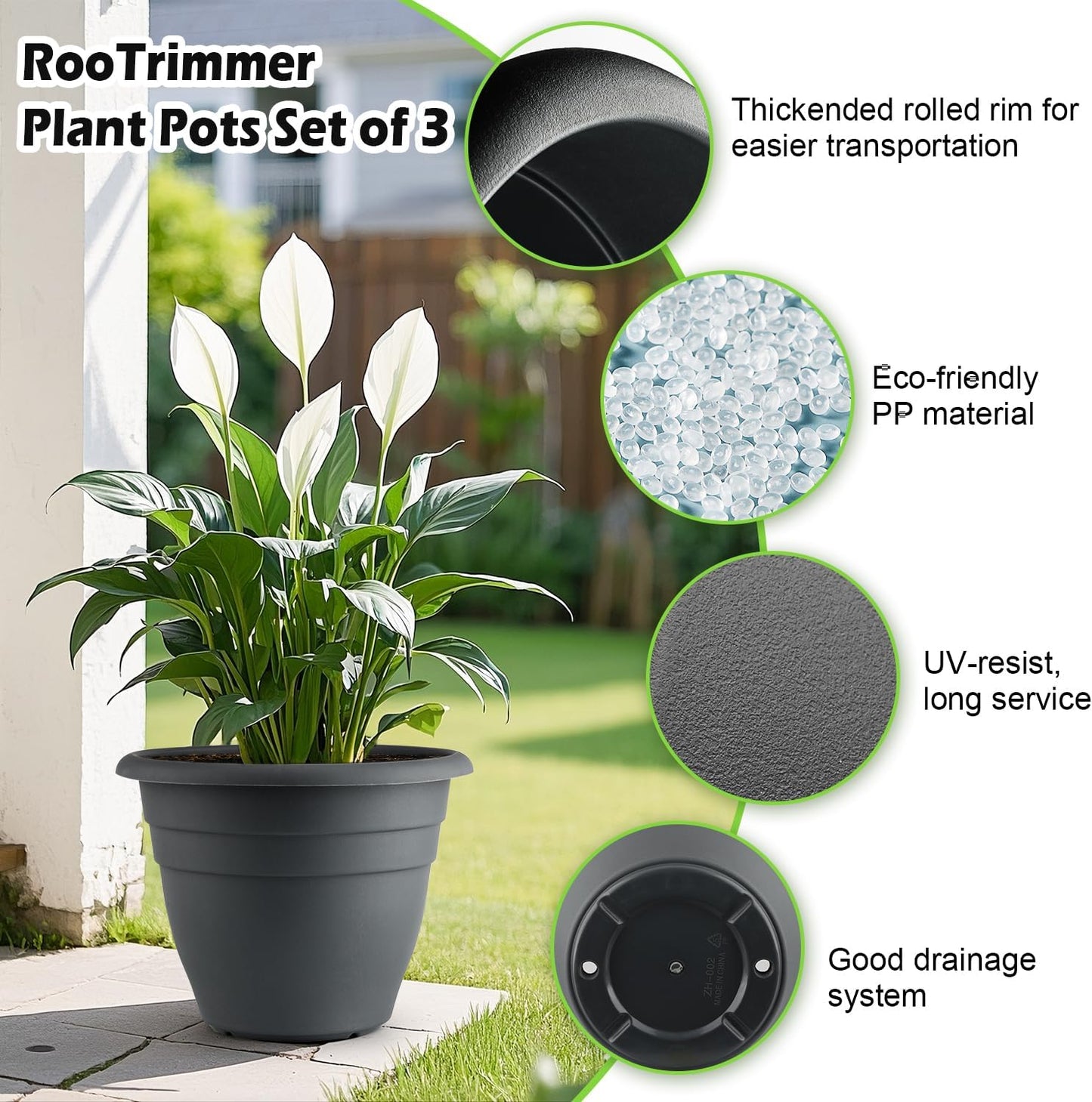 12 Inch Plant Pots, Large Planters for Outdoor Plants, Plastic Flower Pots - Durable and Lightweight with Drainage Holes (3 Packs, Gray)-VerdiqueGarden