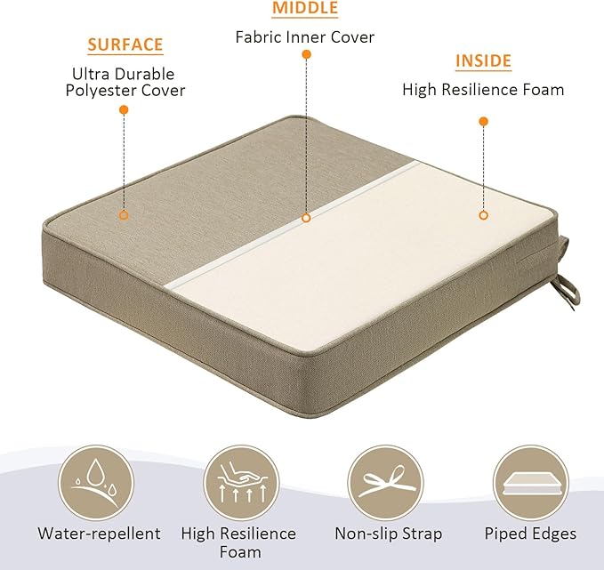 Square Corner Seat Cushions, 19" x 19" x 3", Set of 4, Indoor Outdoor Water Repellent Universal Chair Pads with Ties for Patio Furniture, Garden Deck Dining Chairs, Tan-VerdiqueGarden