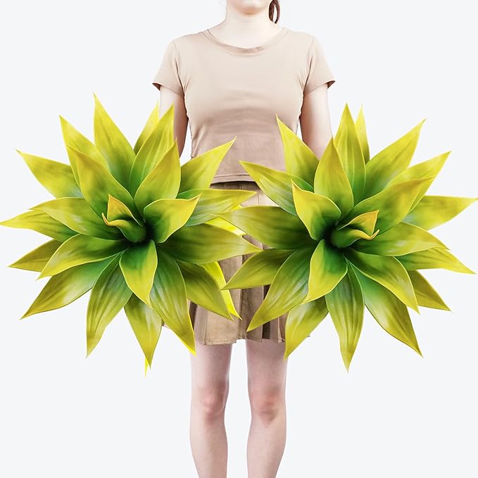 Artificial Agave Plants,Large UV Resistant Fake Agave Planters for Indoor and Outdoor Decorating Tropical Plant Succulents Greenery Indoor Decor (2Pack,22" Yellow)-VerdiqueGarden