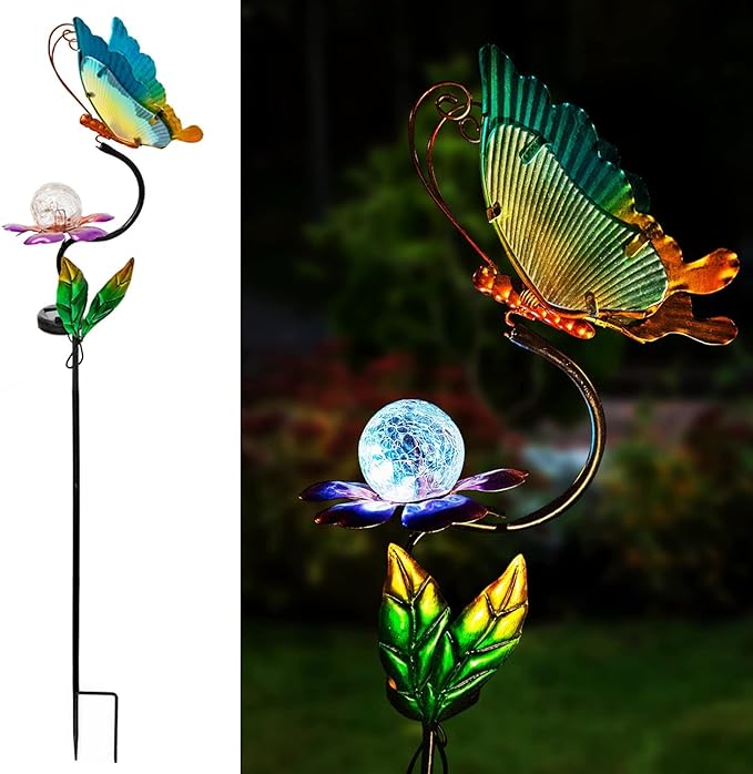 HONGLAND Solar Butterfly Garden Lights, Outdoor Lights Garden Decor for Outside, Flower Yard Decorations, Metal Yard Art for Patio Decor, Gifts for Mom-VerdiqueGarden