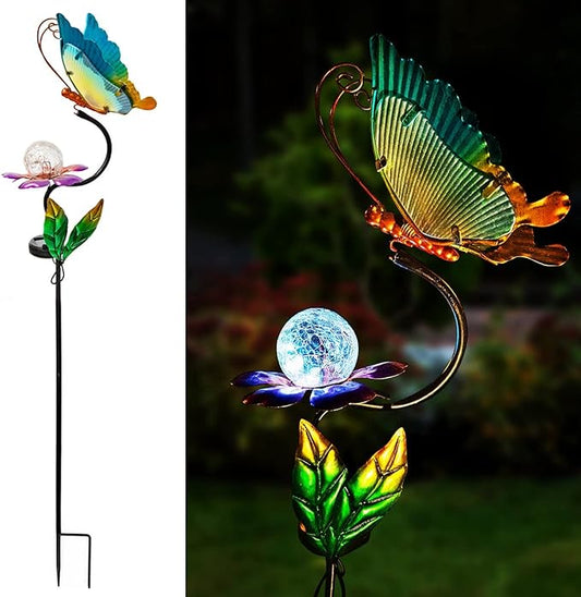 HONGLAND Solar Butterfly Garden Lights, Outdoor Lights Garden Decor for Outside, Flower Yard Decorations, Metal Yard Art for Patio Decor, Gifts for Mom-VerdiqueGarden