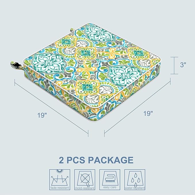 LVTXIII Patio Chair Cushions 19"x19"x3", Water-Repellent Outdoor Seat Cushions for Patio Furniture, Square Chair Pads with Ties for Home Garden Decoration, Set of 2, Damask Green-VerdiqueGarden