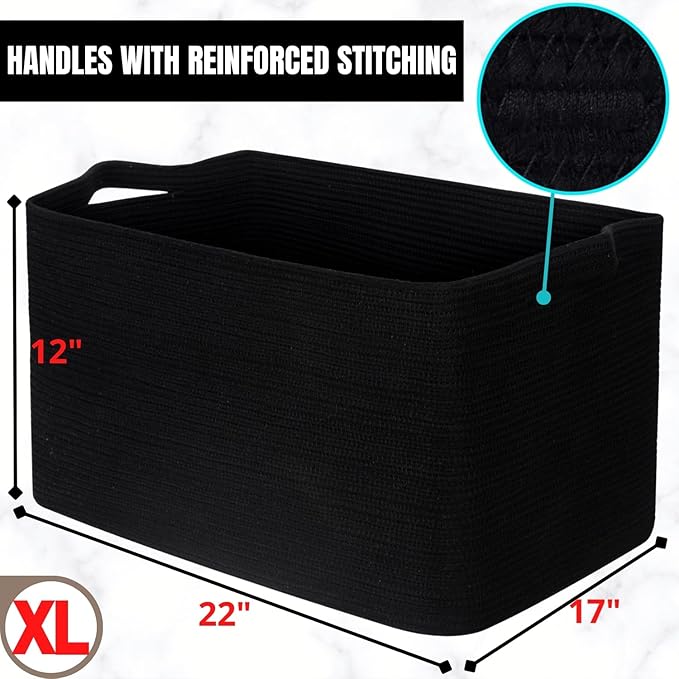MINTWOOD Design 22in Extra Large Blanket Basket Holder Living Room, Rectangle Rope Woven Storage Basket with Handles for Laundry, Pool Towels, and Shoes, Dog Toy Organizer Bin Box, Full Black-VerdiqueGarden