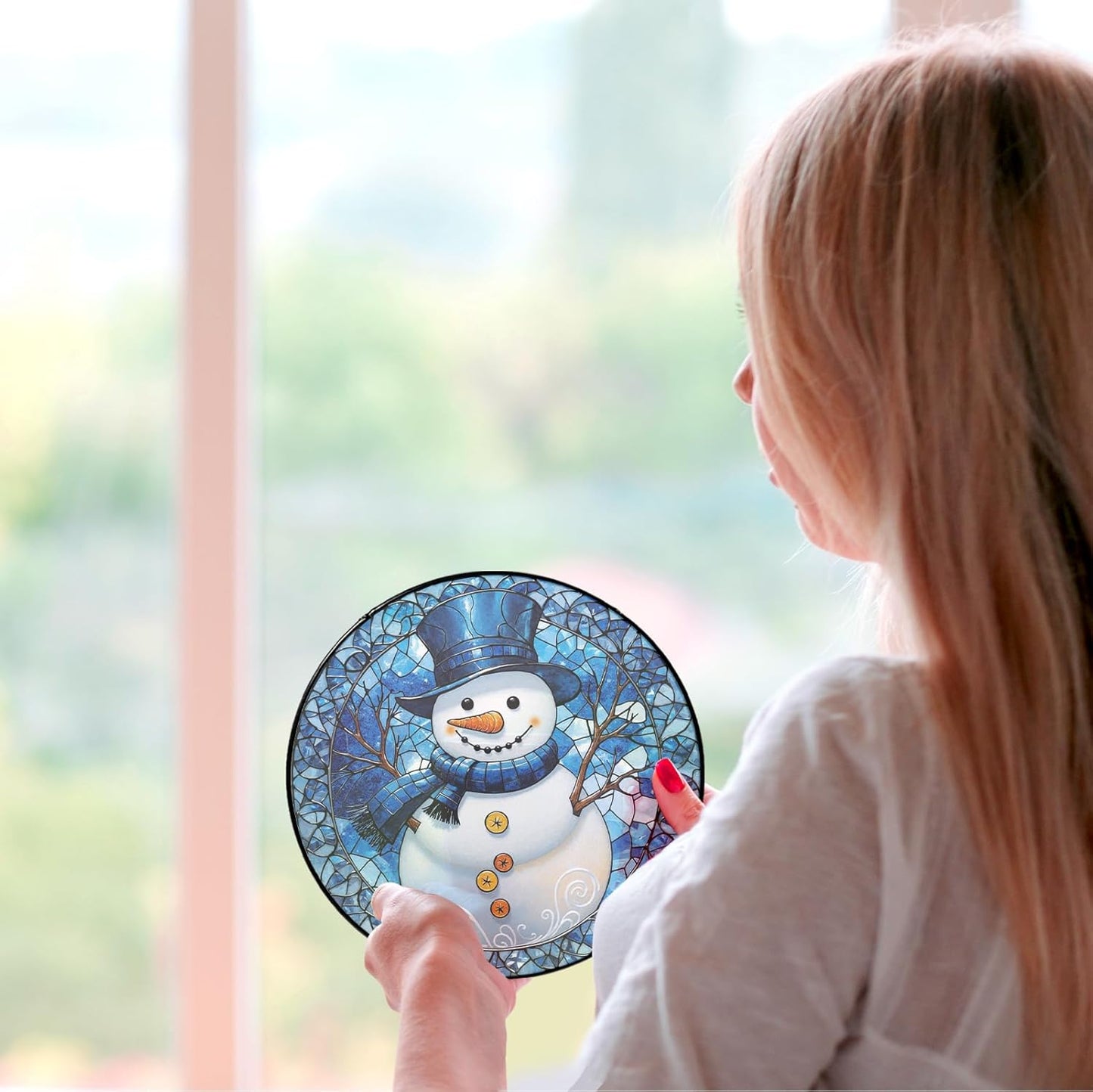 Stained Glass Window Hanging - Winter Snowman Suncatcher for Windows Hanging Whimsical Light Catcher Home Decor Terrace Garden Sun Catcher Gifts for Women Wife Mom Sister Nana 7.8 in-VerdiqueGarden