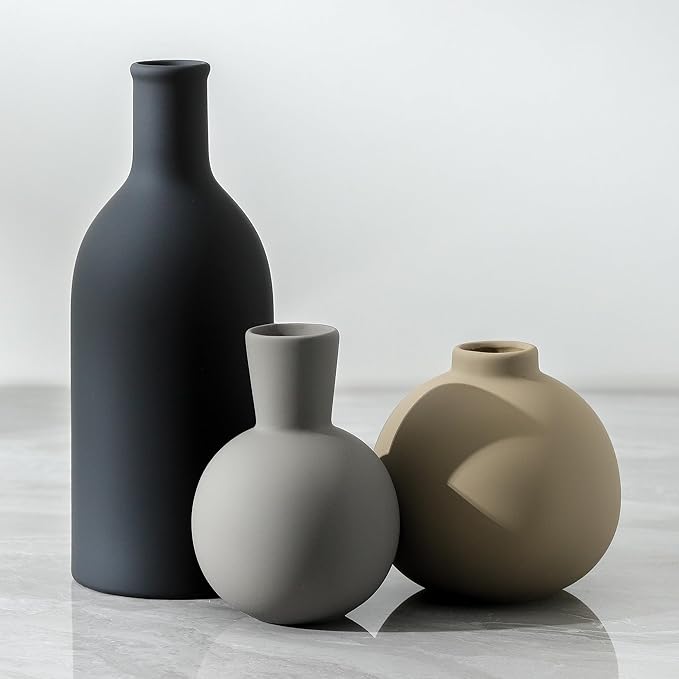 Ceramic Vase Set of 3, Flower Decorative Vases Home Decor Boho Neutral Modern Pottery Pampas Vases for Centerpiece Bouquet Table Mantel Entryway Bookshelf Living Room Bedroom Bathroom Kitchen-VerdiqueGarden
