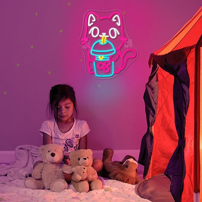 Cat Boba Tea Neon Sign,Cute Pink Kitty Bubble Tea Neon Signs for Wall Decor,Dimmable LED Neon Light Bar Sign,USB Light Up Signs for Kids Bedroom Dimsum Store Cofes Bar Milk Tea Shop-VerdiqueGarden